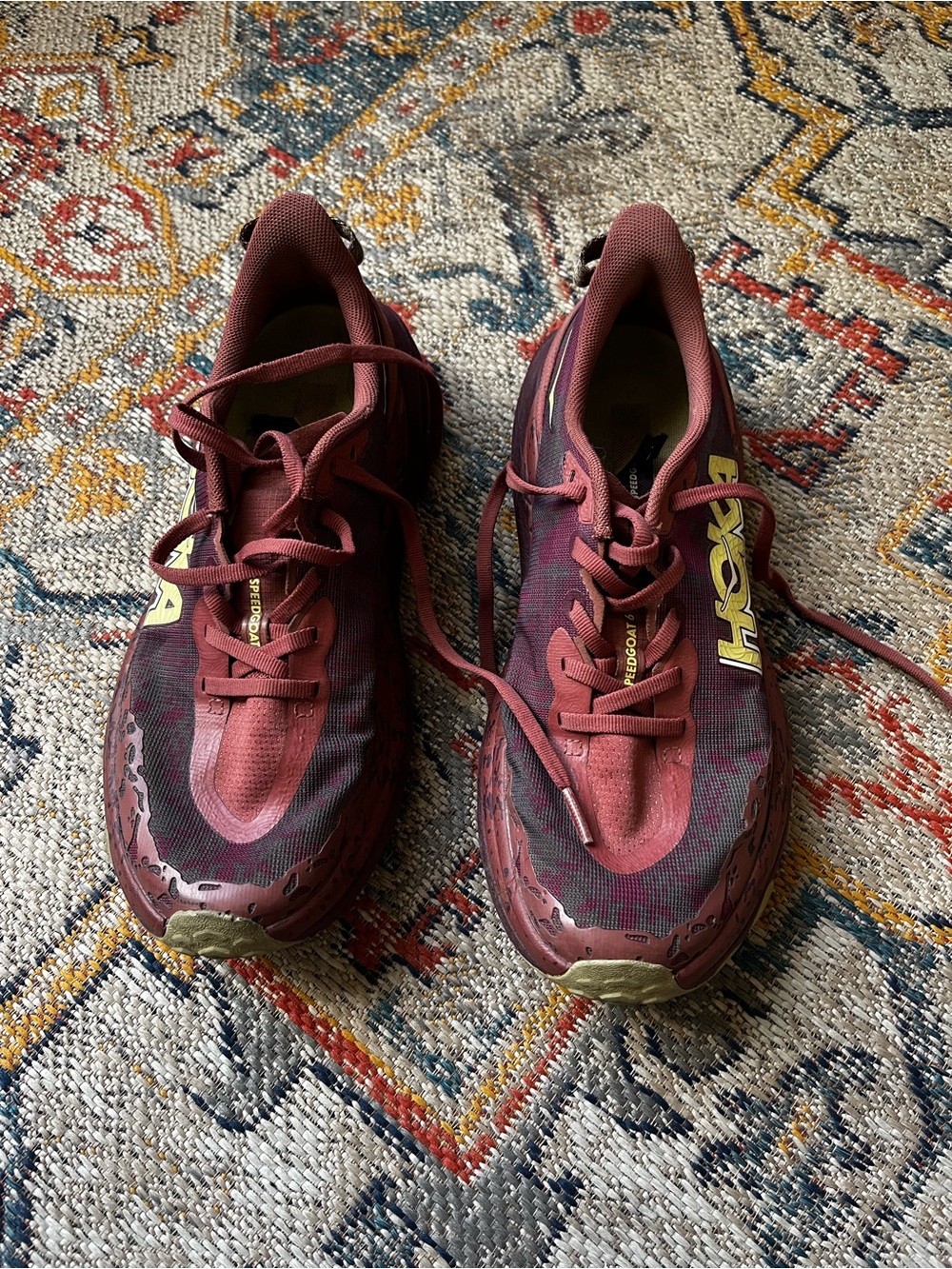 Hoka Speedgoat 6 Women's Burgundy and Yellow Athletic Running Shoes Size 8.5
